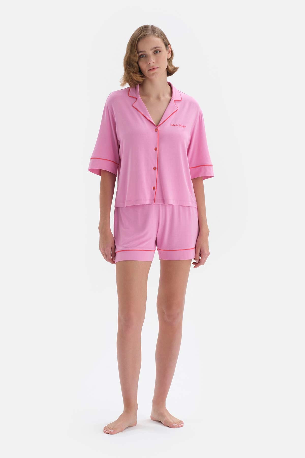 Pembe Gömlek Yaka Viskon Şortlu Pijama Takımı