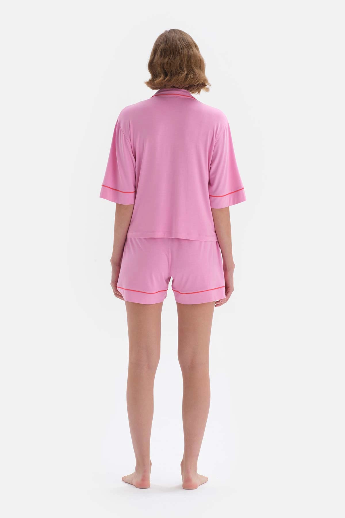 Pembe Gömlek Yaka Viskon Şortlu Pijama Takımı