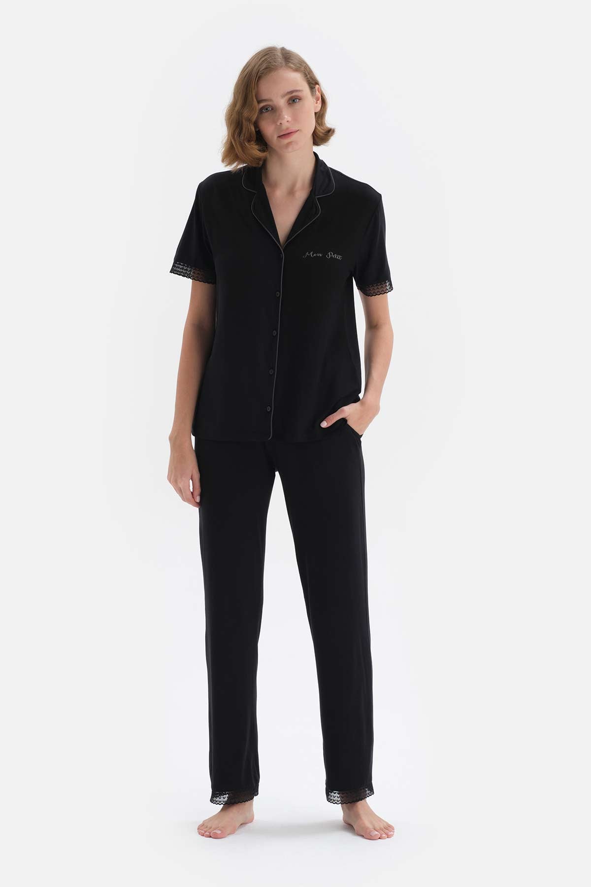 Siyah Gömlek Yaka Kısa Kol Viskon Pijama Takımı
