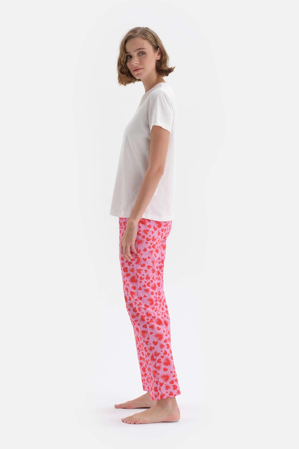 Beyaz Baskılı Kısa Kol Pamuklu Pijama Takımı