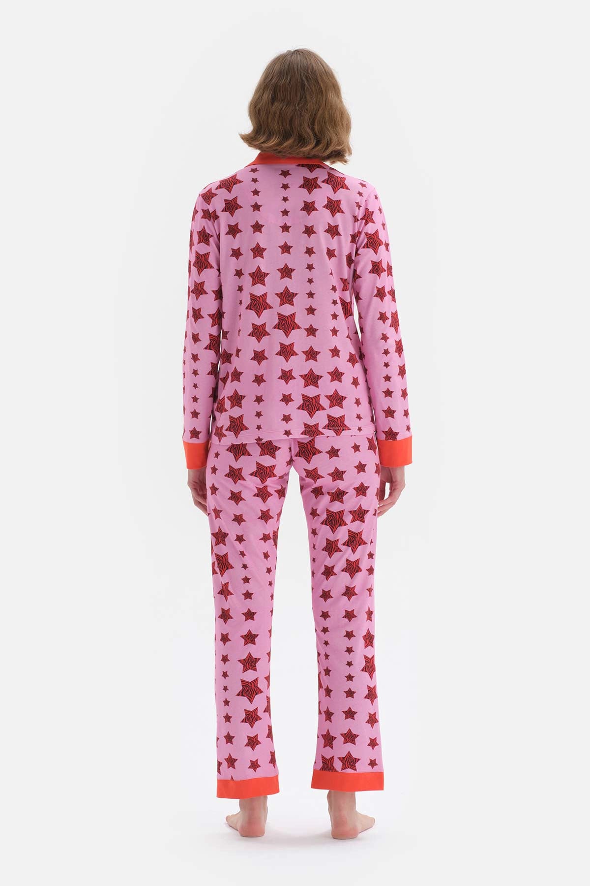Nar Çiçeği Desenli Gömlek Yaka Pamuklu Pijama Takımı