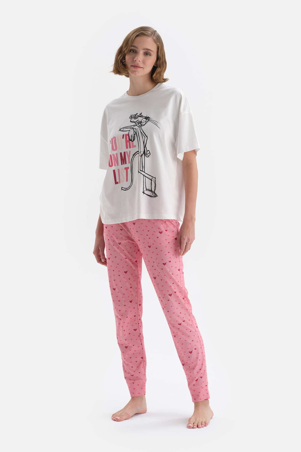 Beyaz Kısa Kol Panter Lisanslı Pamuklu Pijama Takımı