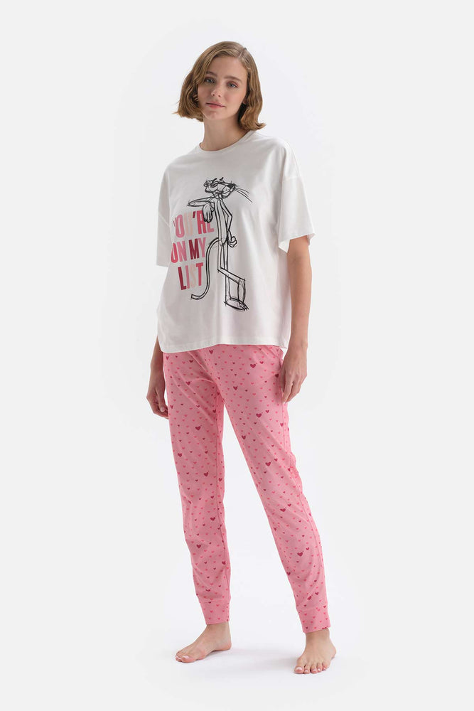 Beyaz Kısa Kol Panter Lisanslı Pamuklu Pijama Takımı
