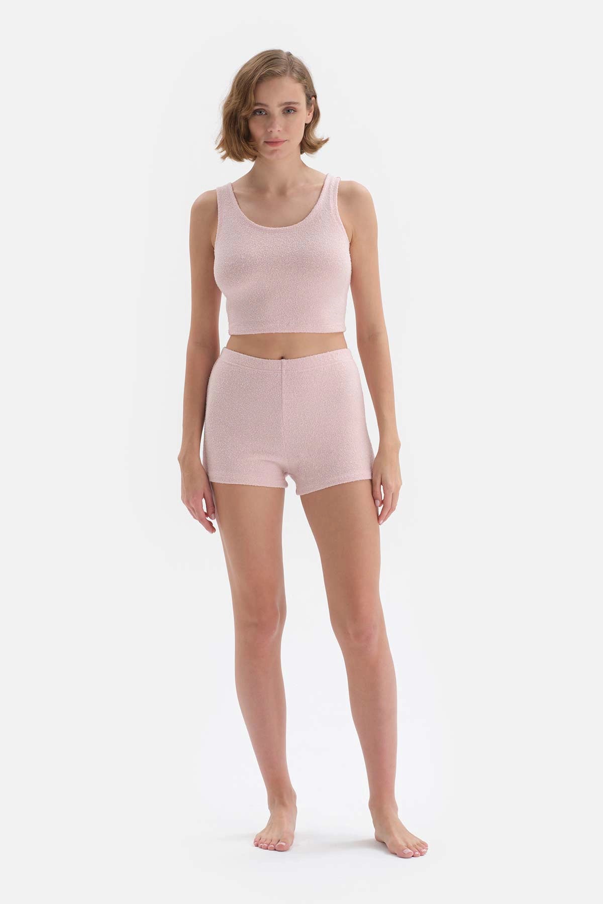 Toz Pembe Toz Kolsuz U Yaka Havlu Pijama Takımı