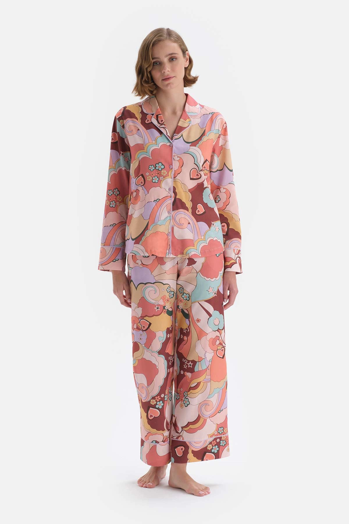 Karışık Karışık Metraj Baskılı Gömlek Yaka Viskon Pijama Takımı