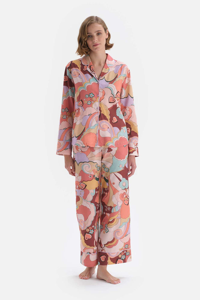 Karışık Karışık Metraj Baskılı Gömlek Yaka Viskon Pijama Takımı