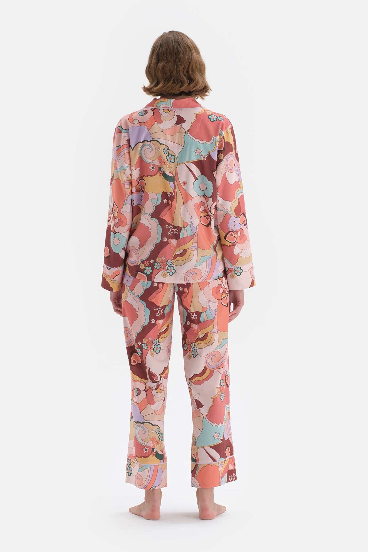 Karışık Karışık Metraj Baskılı Gömlek Yaka Viskon Pijama Takımı