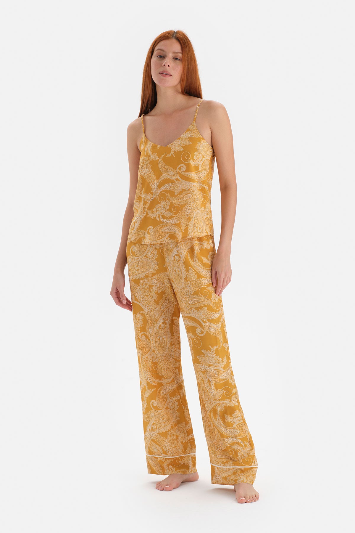Hardal Metraj Baskılı Askılı Viskon Pijama Takımı