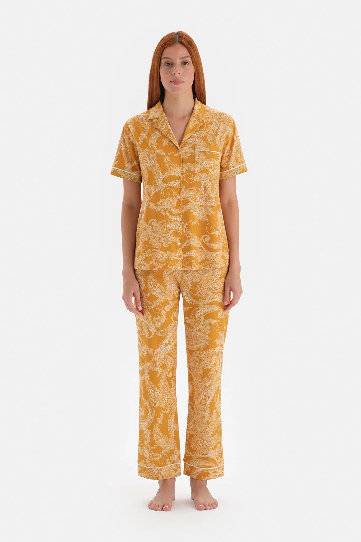 Hardal Metraj Baskılı Kısa Kol Pamuklu Pijama Takımı