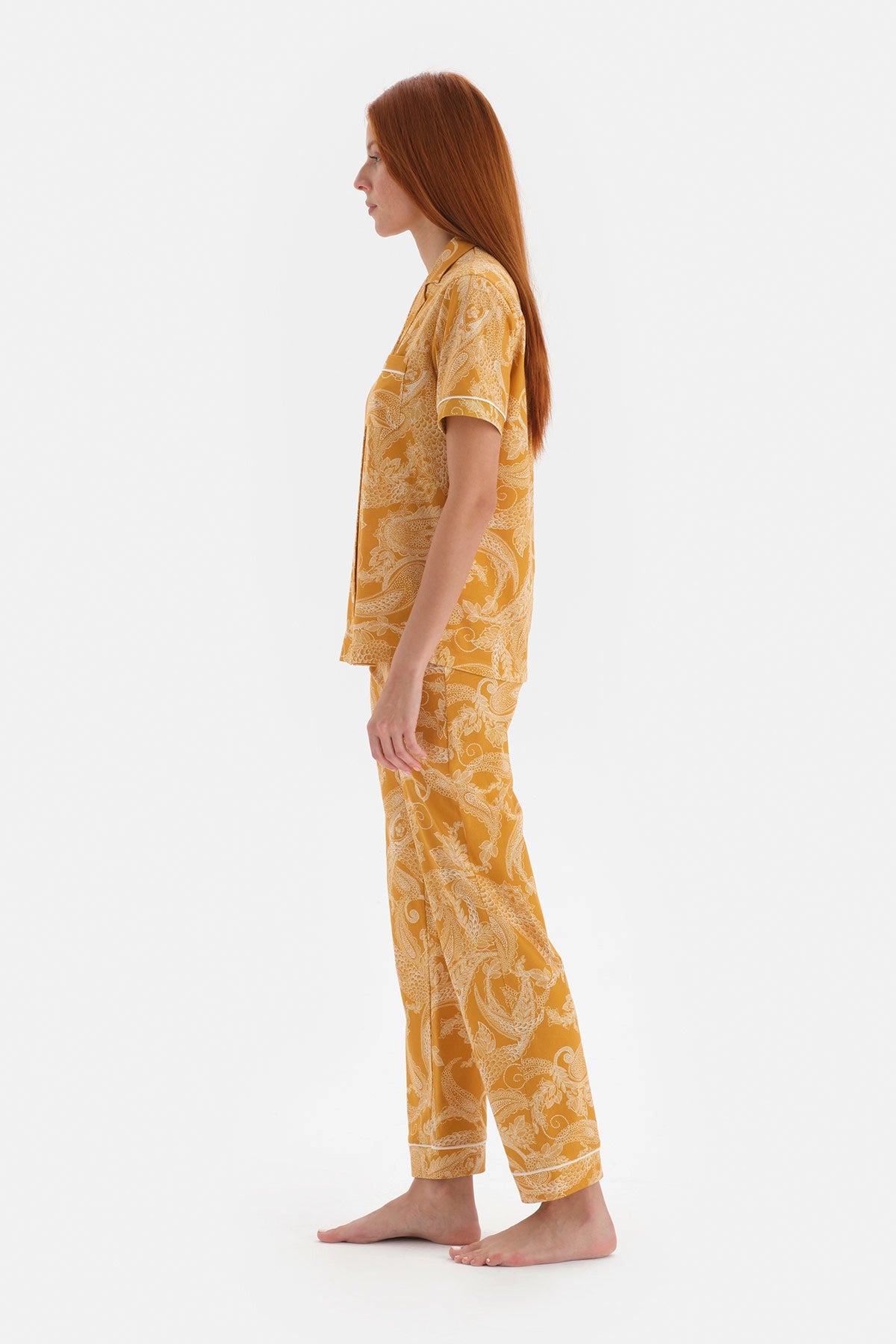 Hardal Metraj Baskılı Kısa Kol Pamuklu Pijama Takımı