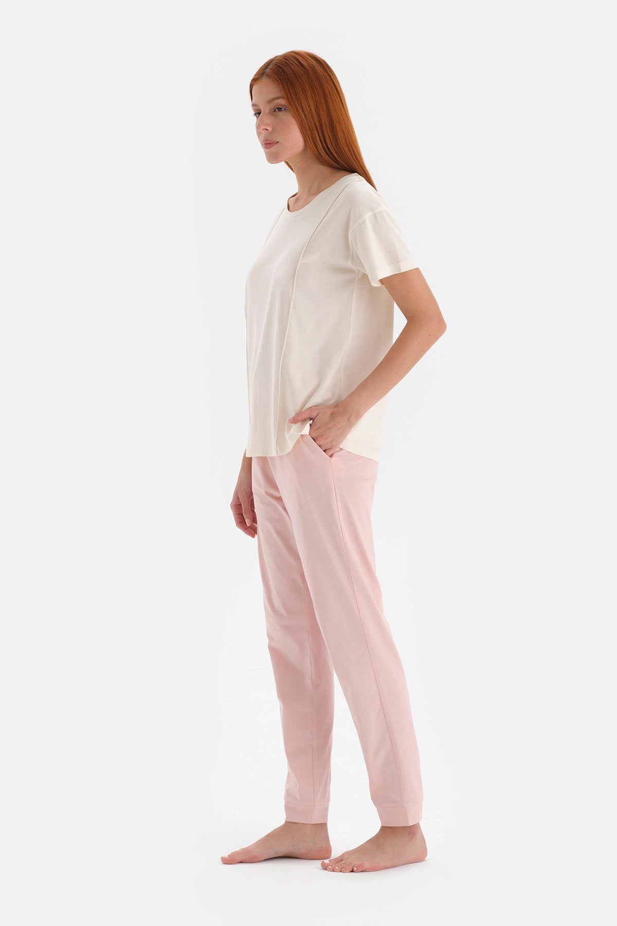 Ekru Kısa Kol Jogger Modal Pijama Takımı