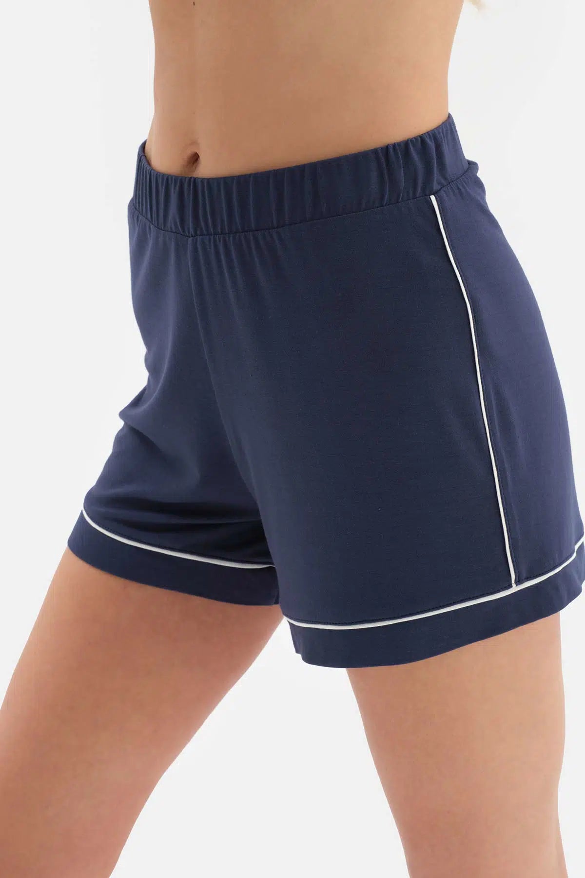 Lacivert Gömlek Yaka Biye Detaylı Örme Pijama Takımı