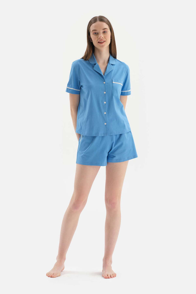 Mavi Fisto Biye Detaylı Pamuklu Şortlu Pijama Takımı