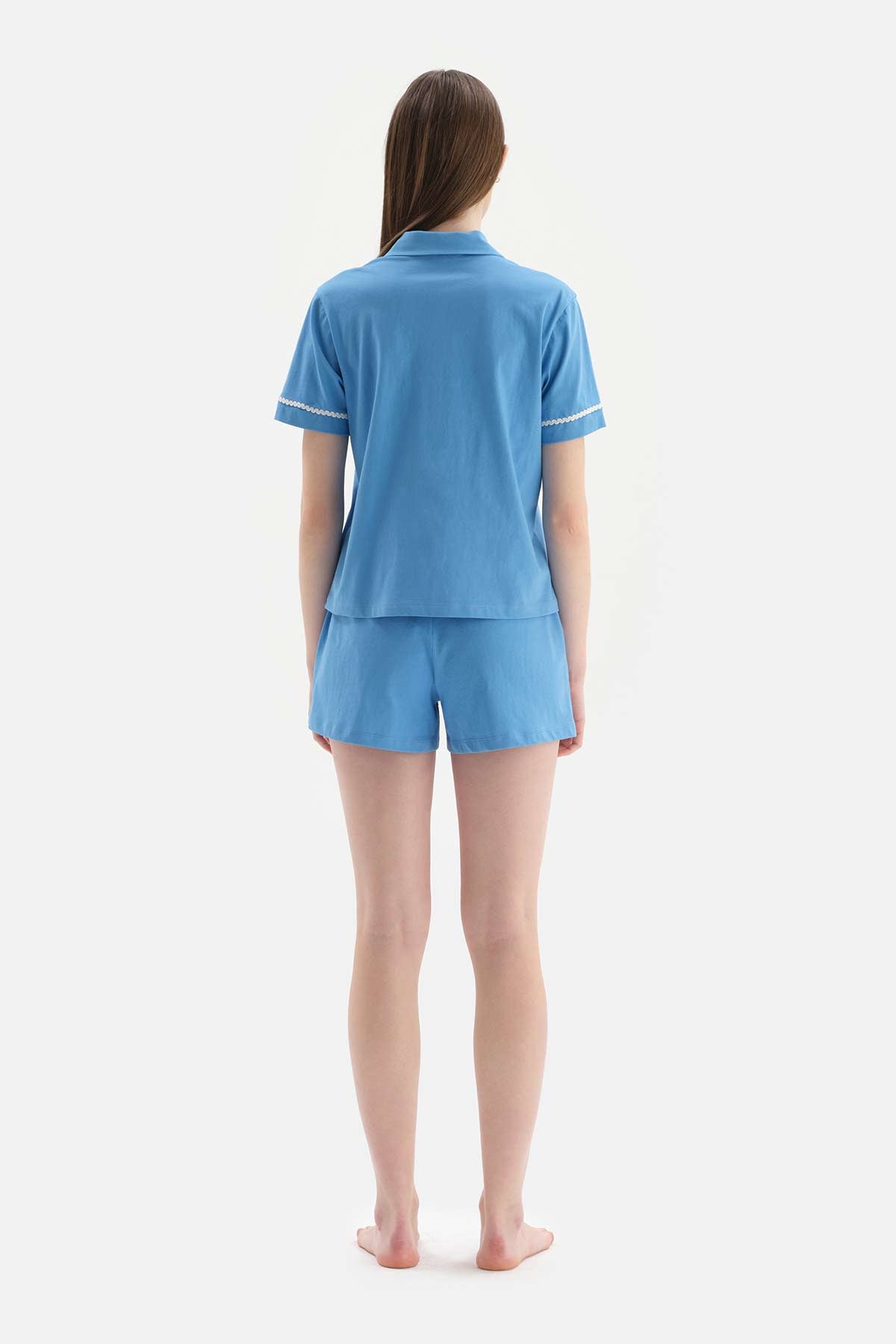 Mavi Fisto Biye Detaylı Pamuklu Şortlu Pijama Takımı
