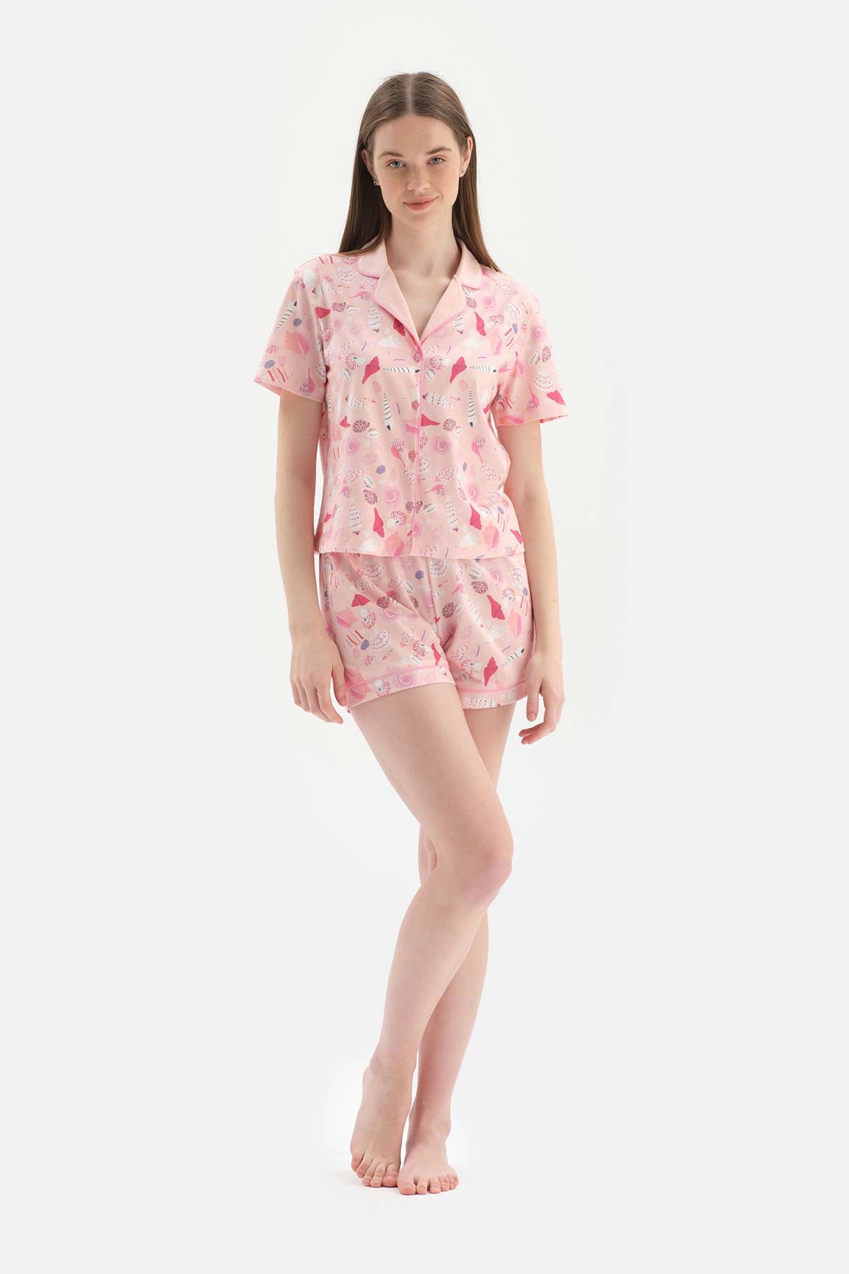 Somon Metraj Baskılı Pamuklu Şortlu Pijama Takımı