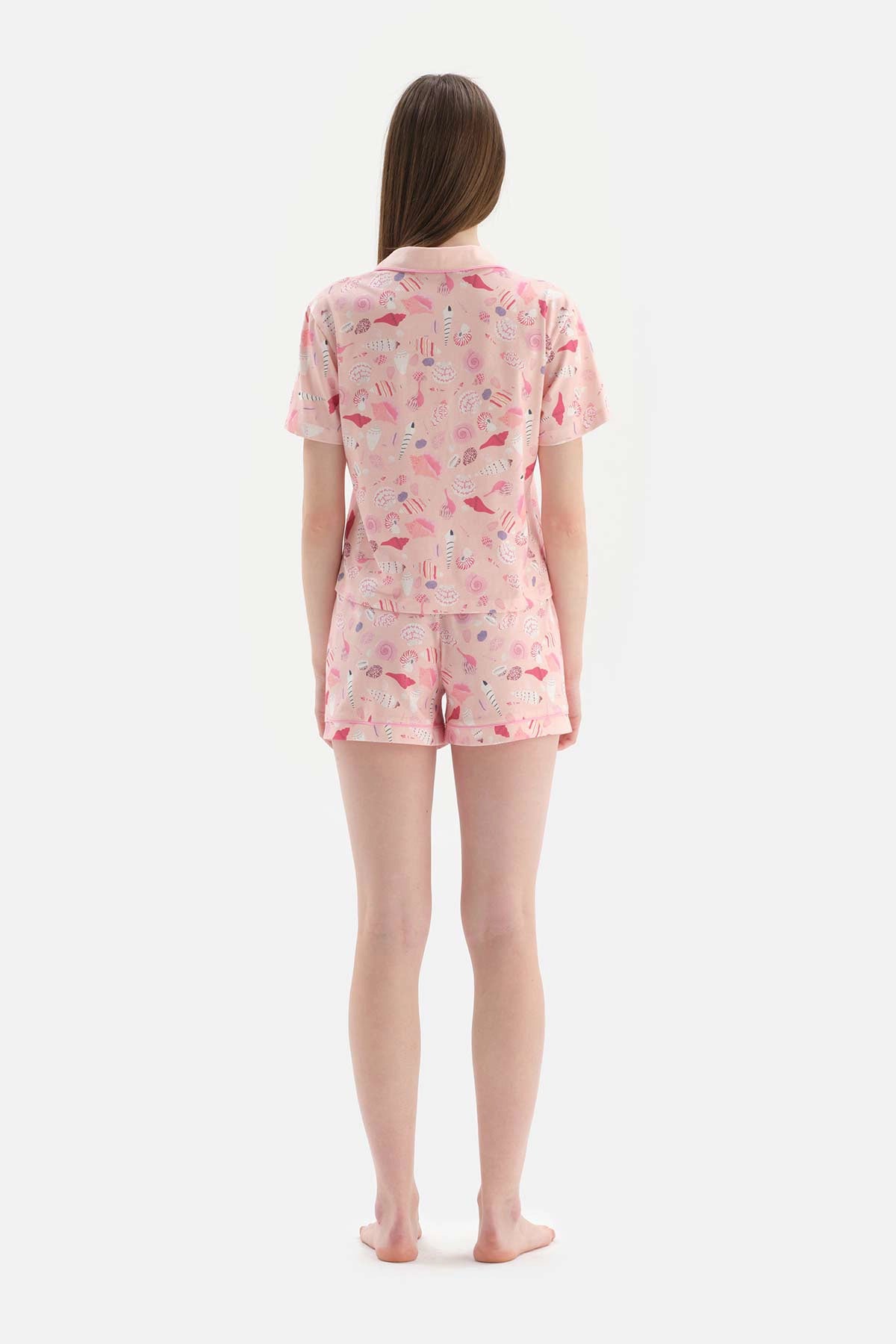Somon Metraj Baskılı Pamuklu Şortlu Pijama Takımı