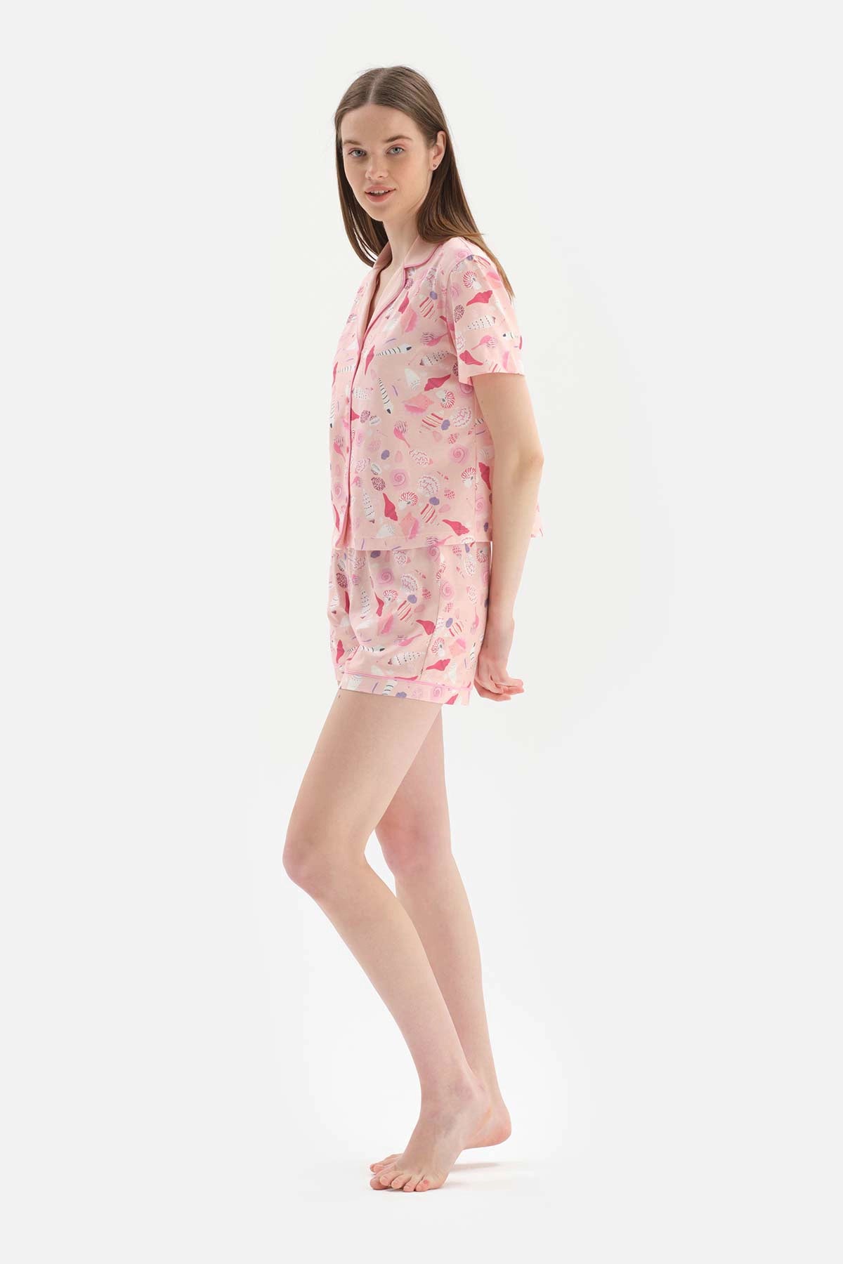 Somon Metraj Baskılı Pamuklu Şortlu Pijama Takımı