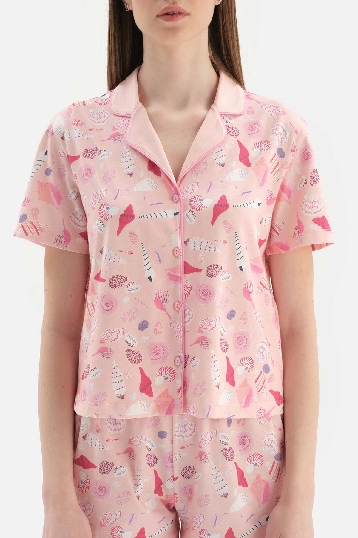 Somon Metraj Baskılı Pamuklu Şortlu Pijama Takımı