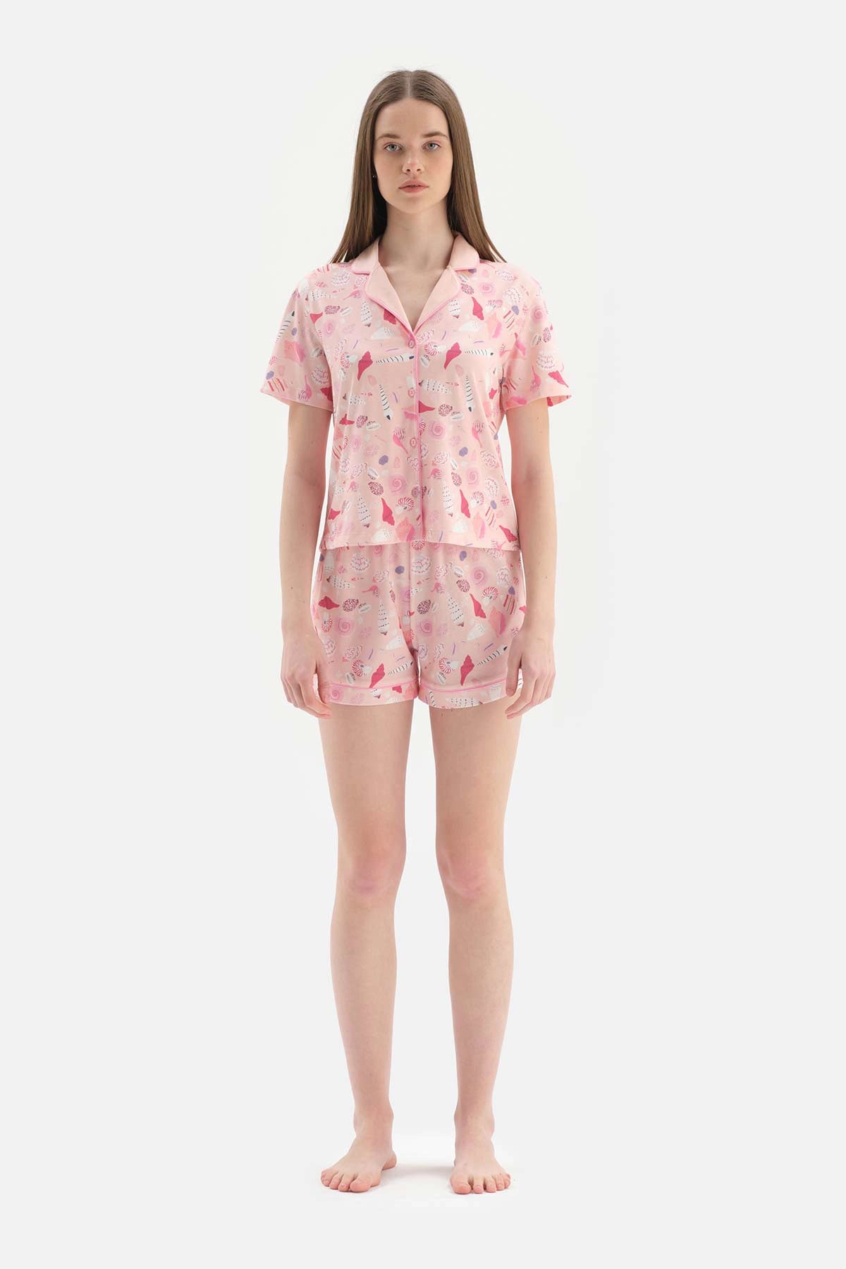 Somon Metraj Baskılı Pamuklu Şortlu Pijama Takımı