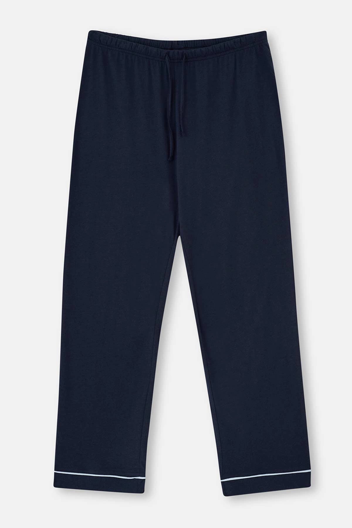 Lacivert Gömlek Yaka Biye Detaylı Örme Pijama Takımı