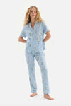 Açıkmavi Gömlek Yaka Çiçek Desenli Modal Pijama Takımı