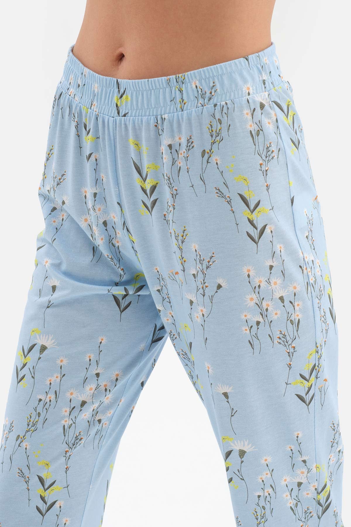 Açıkmavi Gömlek Yaka Çiçek Desenli Modal Pijama Takımı
