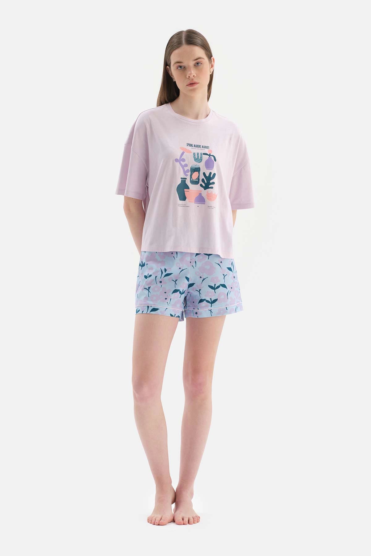 Açık Lila Baskılı Kısa Kol Pamuklu Şortlu Pijama Takımı