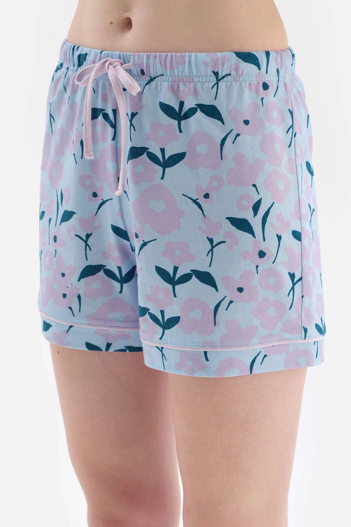 Açık Lila Baskılı Kısa Kol Pamuklu Şortlu Pijama Takımı