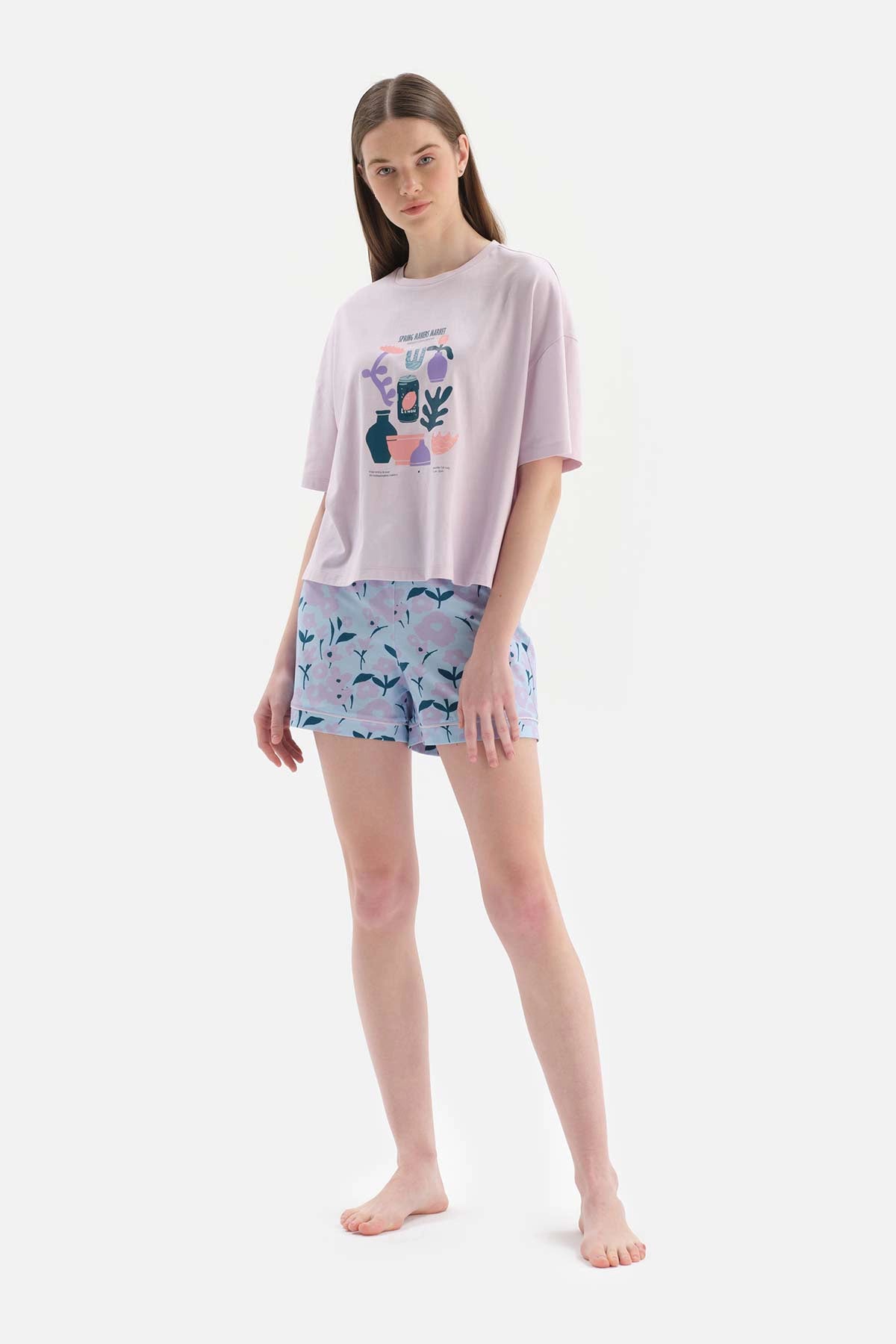 Açık Lila Baskılı Kısa Kol Pamuklu Şortlu Pijama Takımı