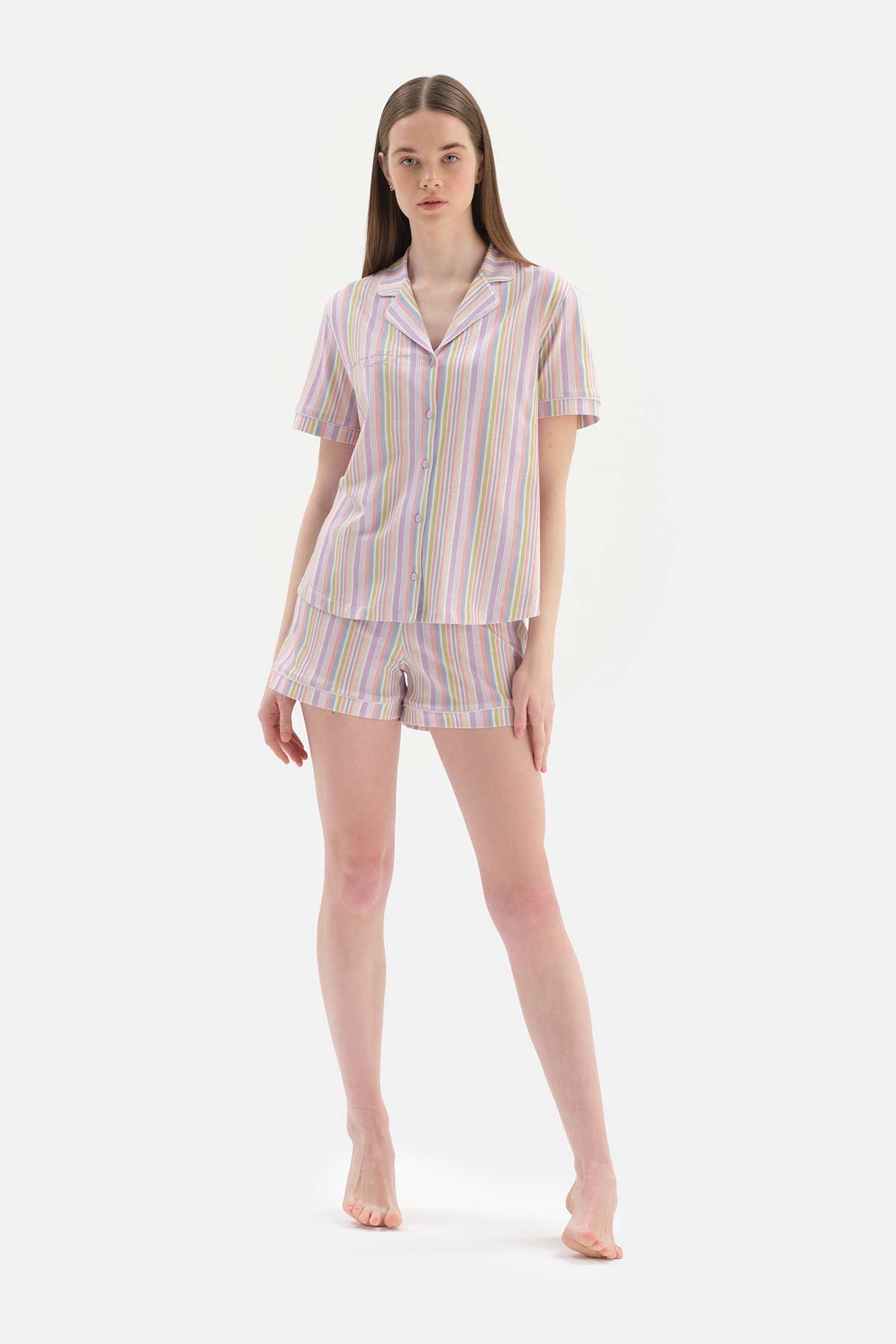 Multicolour Çizgili Gömlek Yaka Pamuklu Şortlu Pijama Takımı