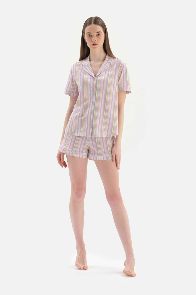 Multicolour Çizgili Gömlek Yaka Pamuklu Şortlu Pijama Takımı
