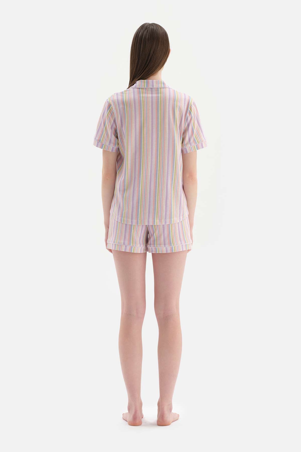 Multicolour Çizgili Gömlek Yaka Pamuklu Şortlu Pijama Takımı