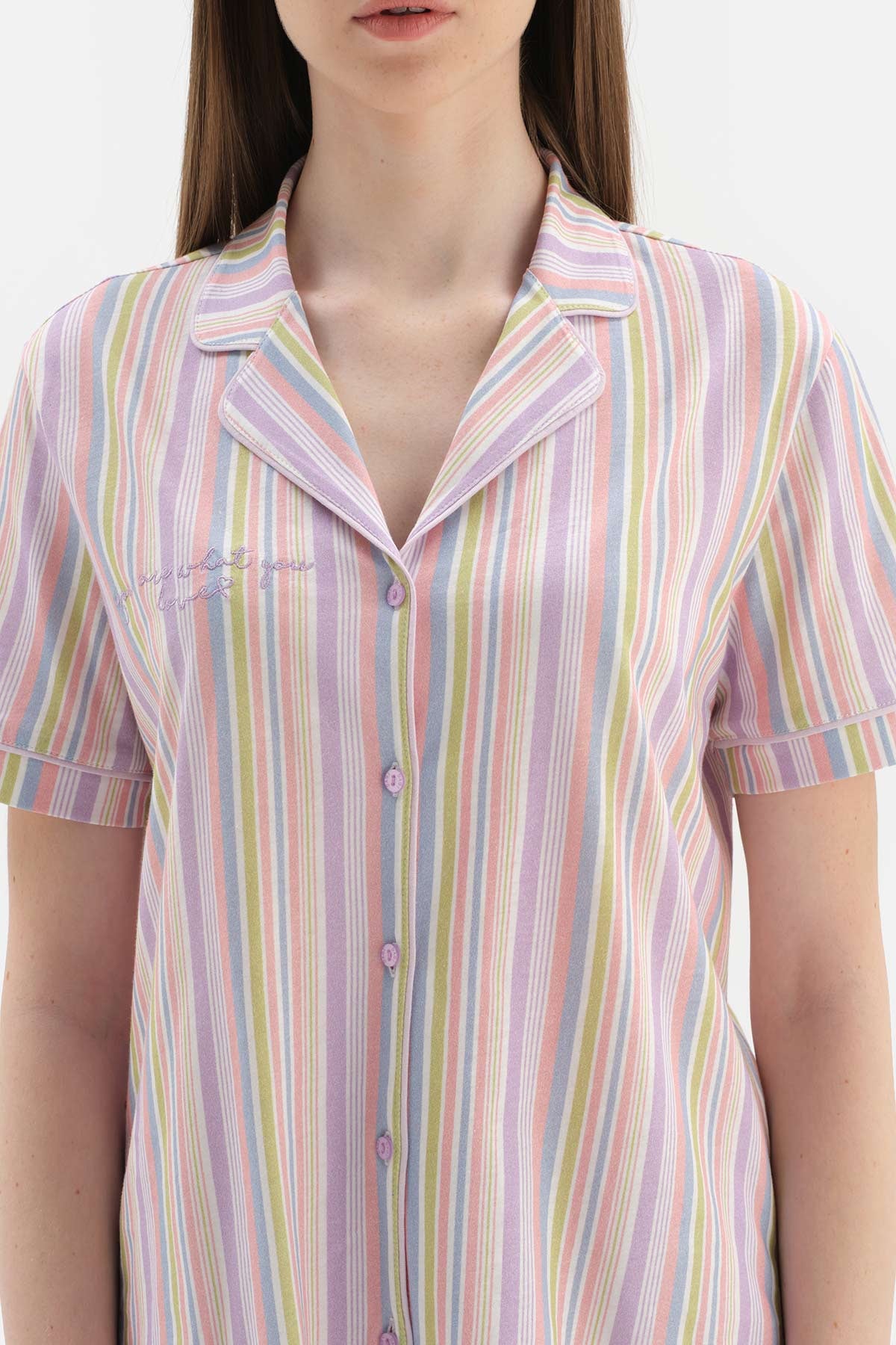 Multicolour Çizgili Gömlek Yaka Pamuklu Şortlu Pijama Takımı