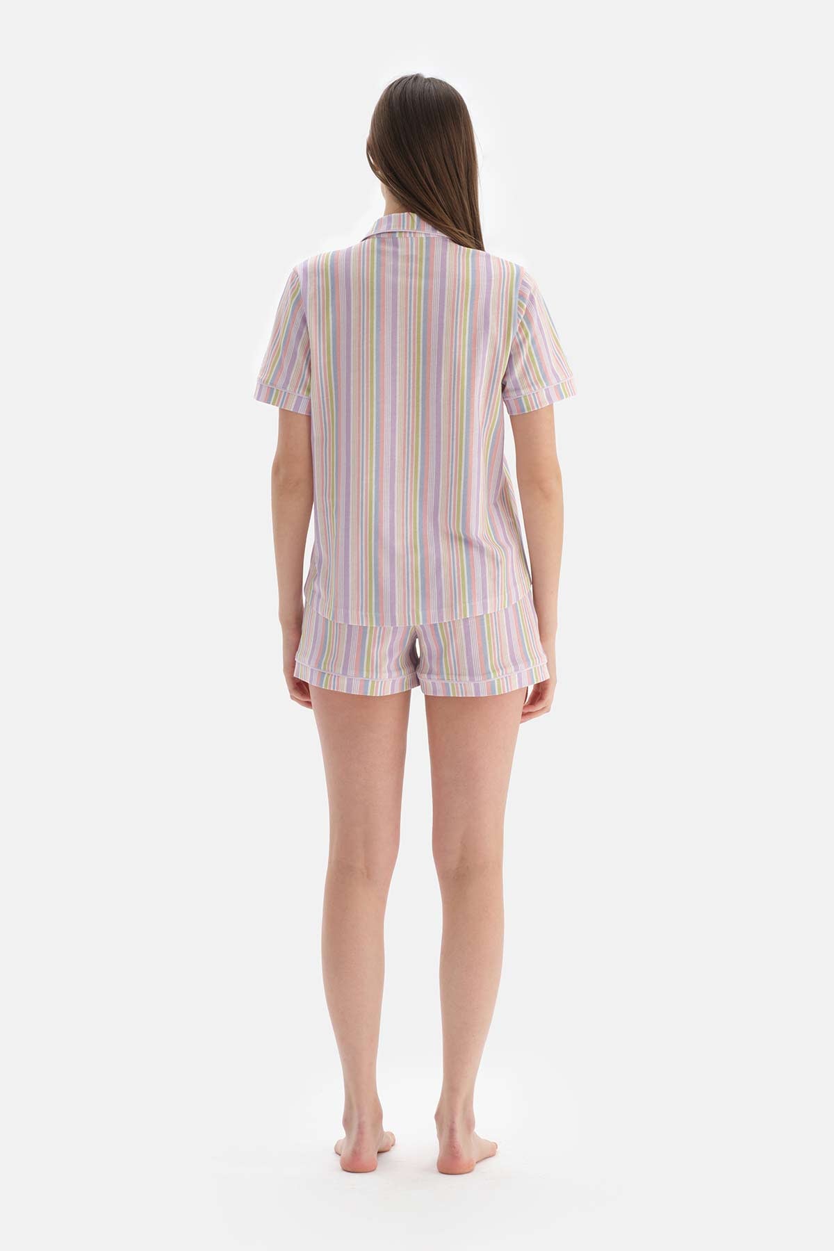 Multicolour Çizgili Gömlek Yaka Pamuklu Şortlu Pijama Takımı