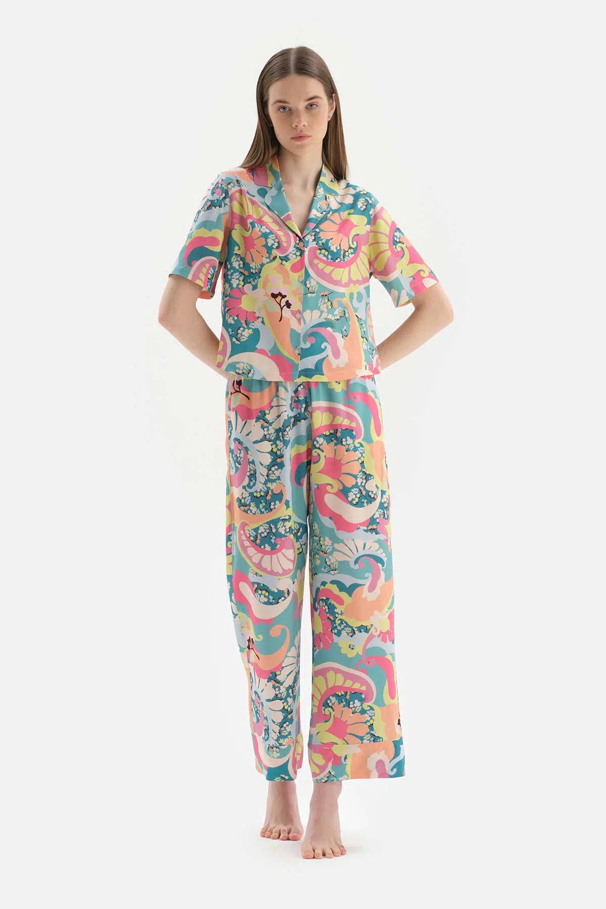 Multicolour Çiçekli Gömlek Yaka Viskon Pijama Takımı
