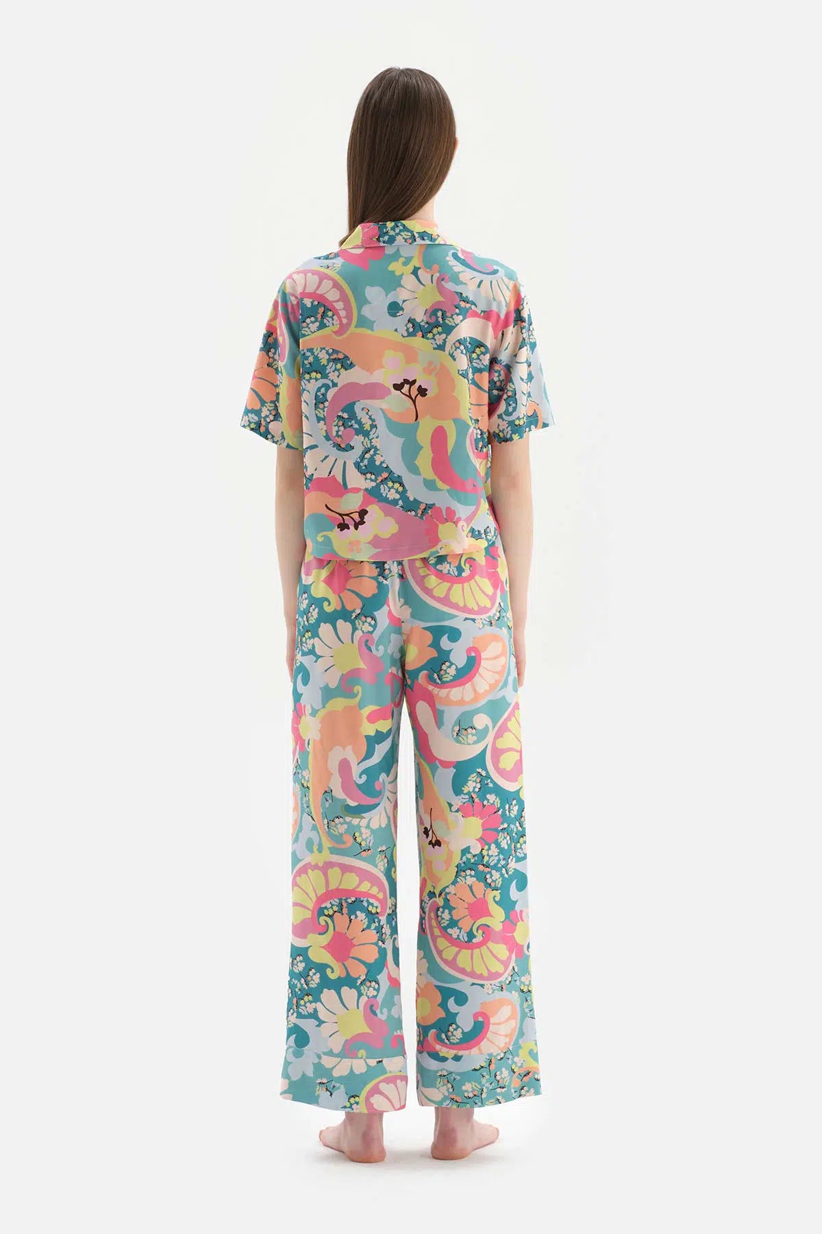 Multicolour Çiçekli Gömlek Yaka Viskon Pijama Takımı