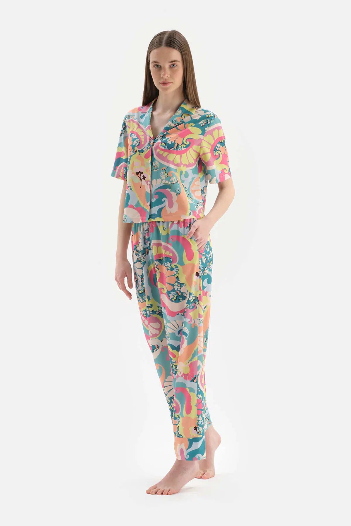 Multicolour Çiçekli Gömlek Yaka Viskon Pijama Takımı