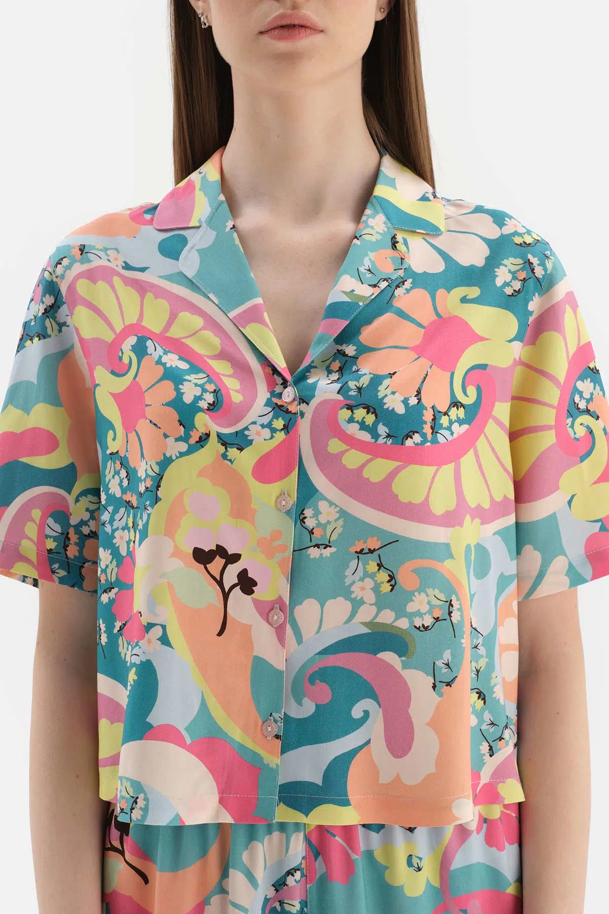 Multicolour Çiçekli Gömlek Yaka Viskon Pijama Takımı