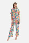 Multicolour Çiçekli Gömlek Yaka Viskon Pijama Takımı