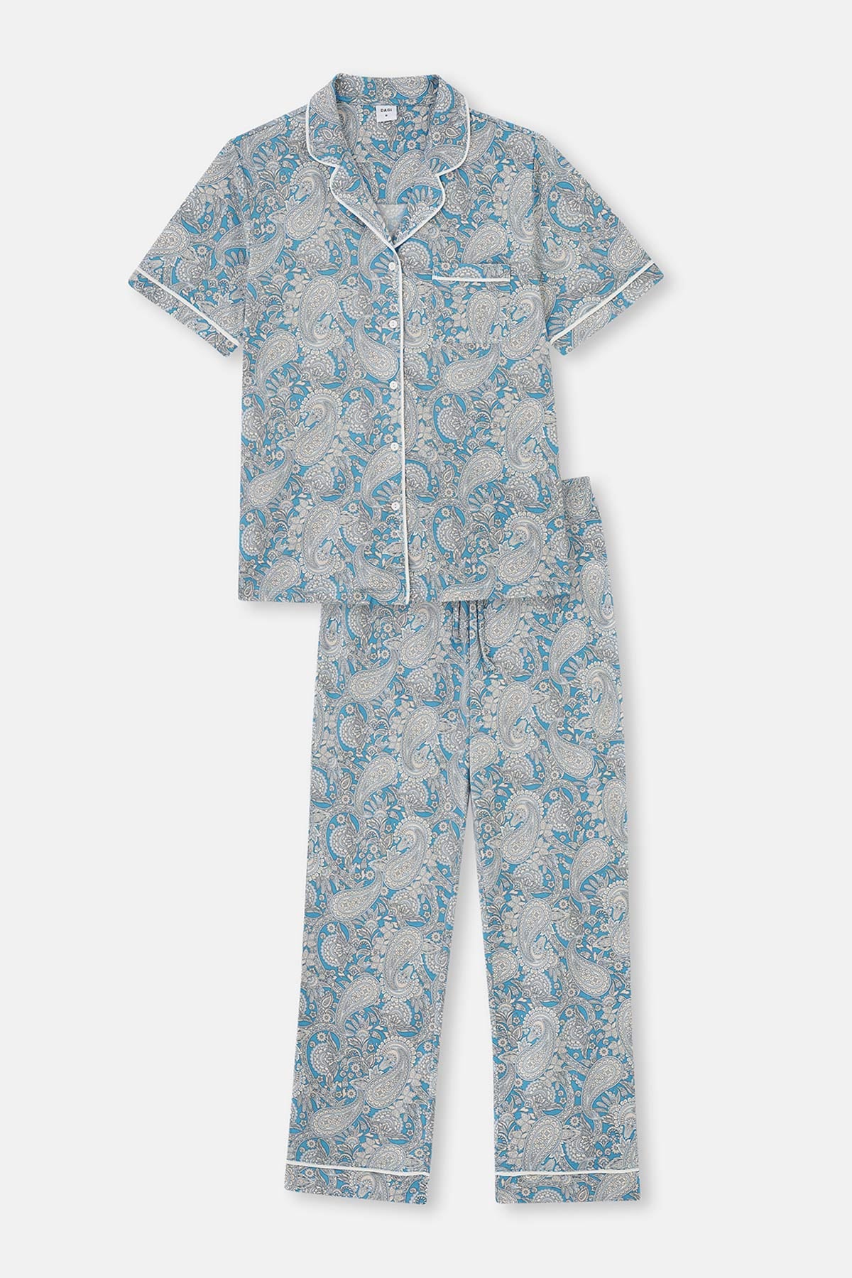 Açıkmavi Gömlek Yaka Şal Desenli Örme Pijama Takımı