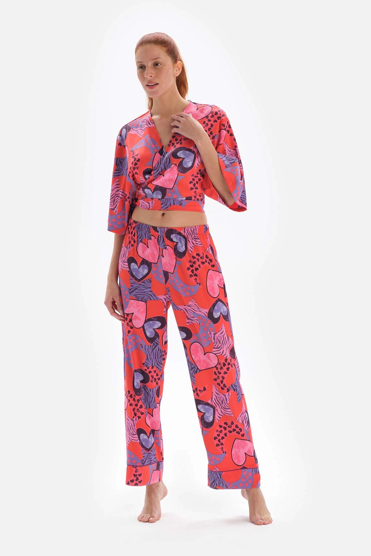 Nar Çiçeği Desenli Yüksek Bel Saten Pijama Altı