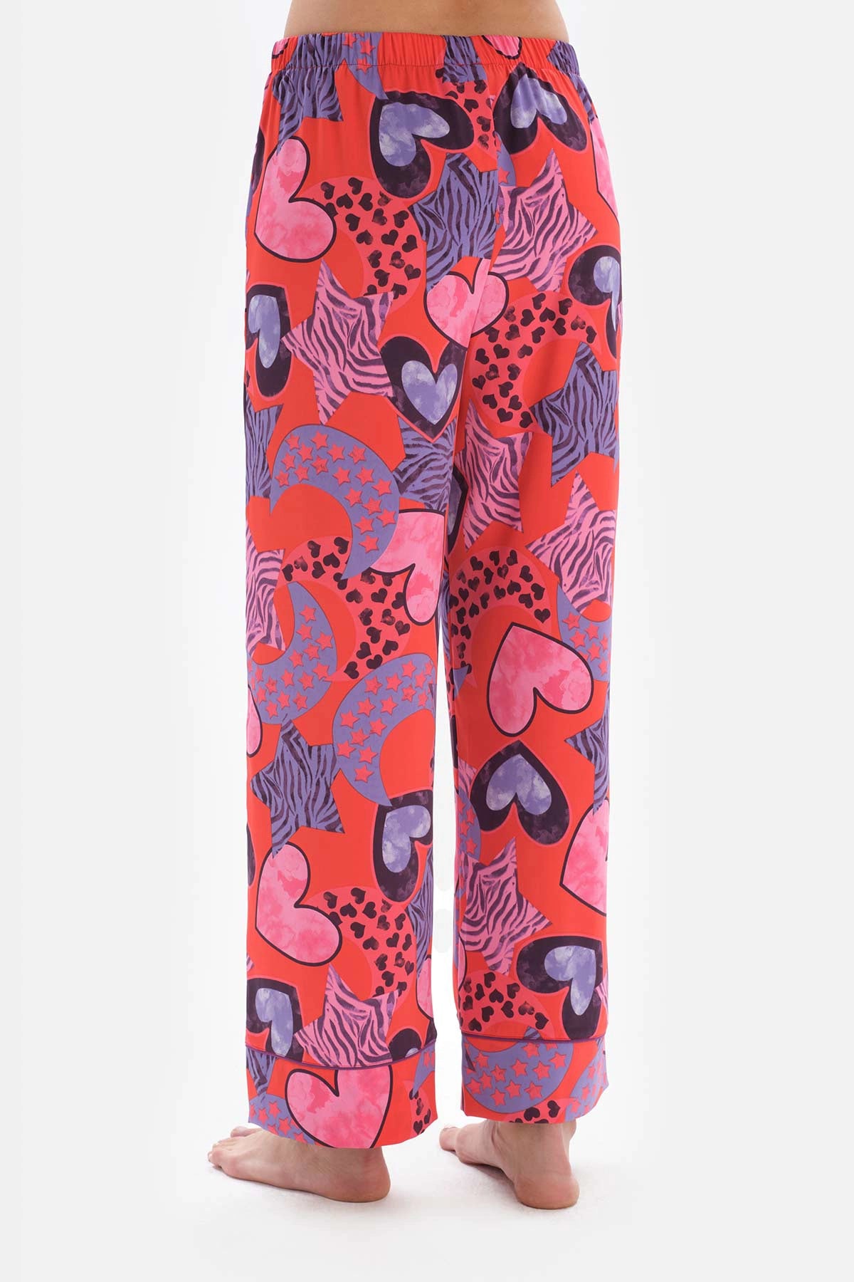 Nar Çiçeği Desenli Yüksek Bel Saten Pijama Altı