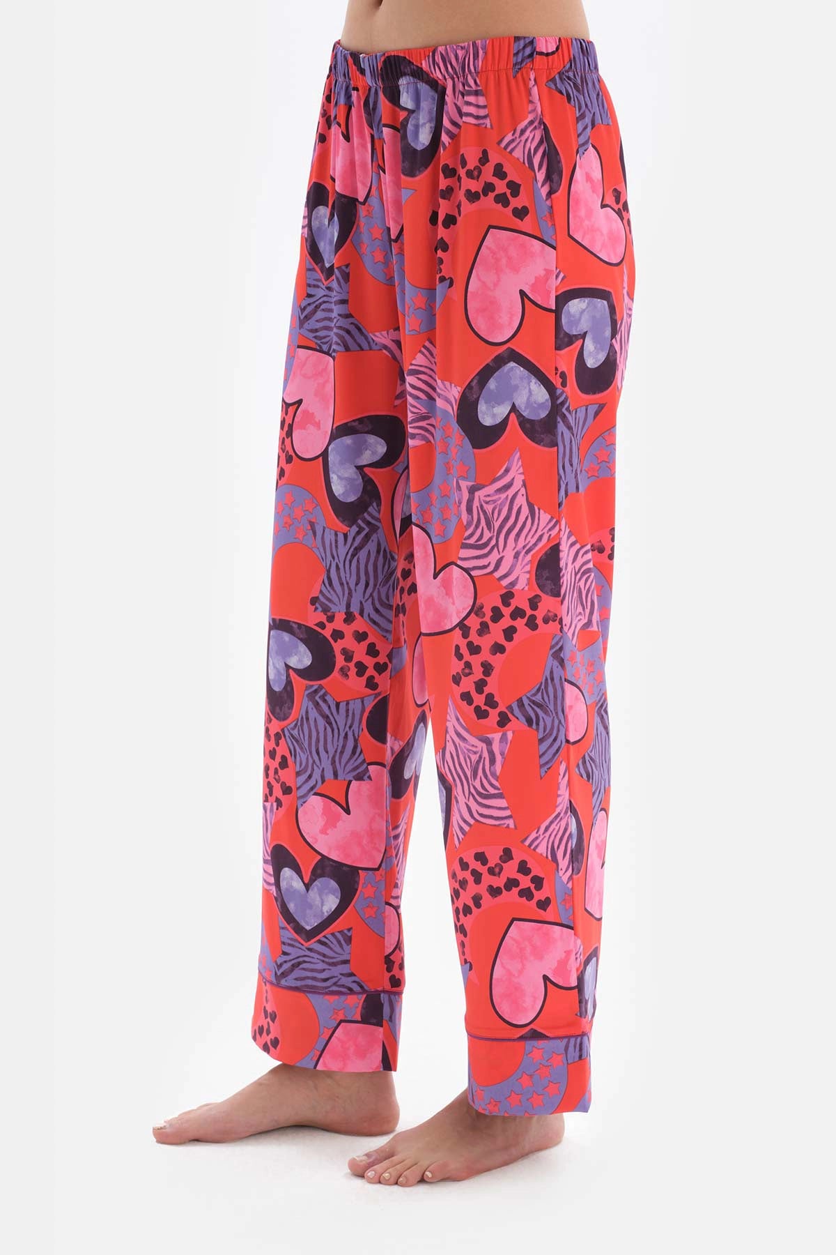 Nar Çiçeği Desenli Yüksek Bel Saten Pijama Altı