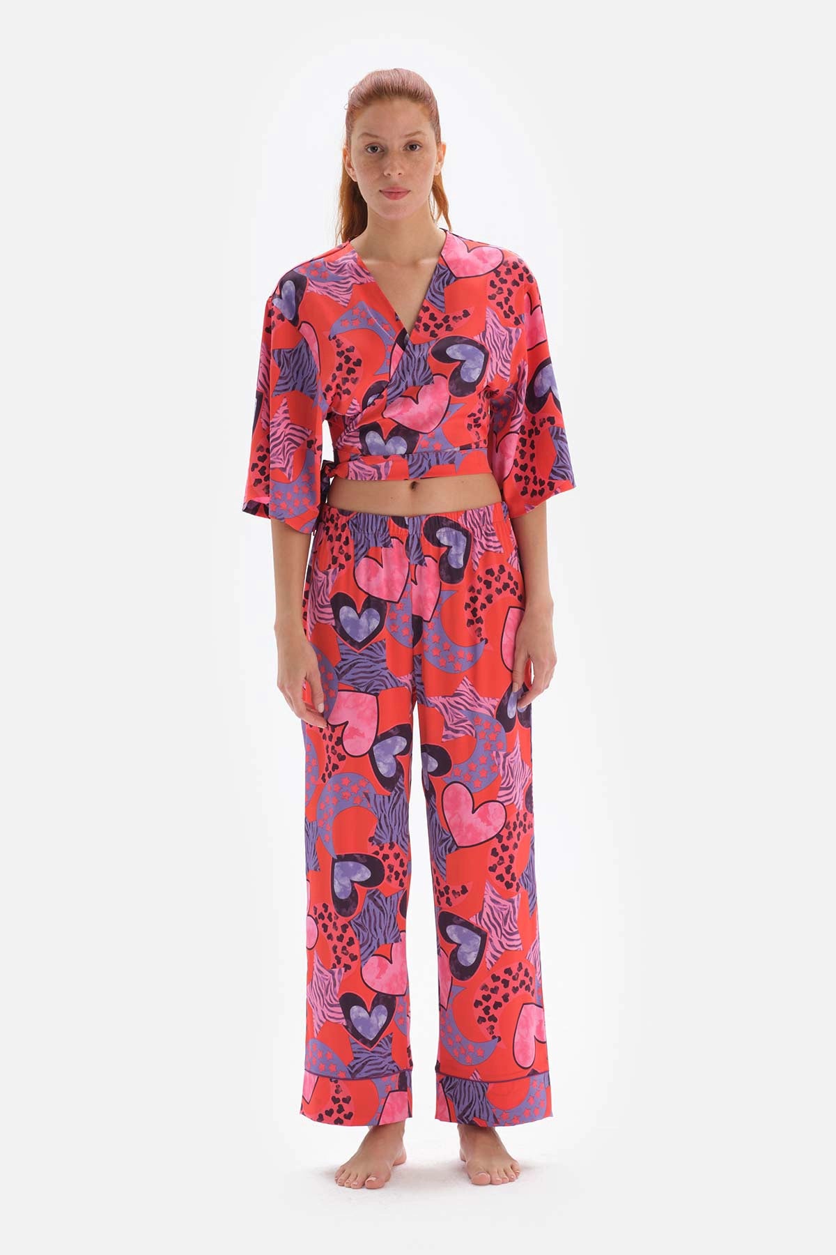 Nar Çiçeği Desenli Yüksek Bel Saten Pijama Altı