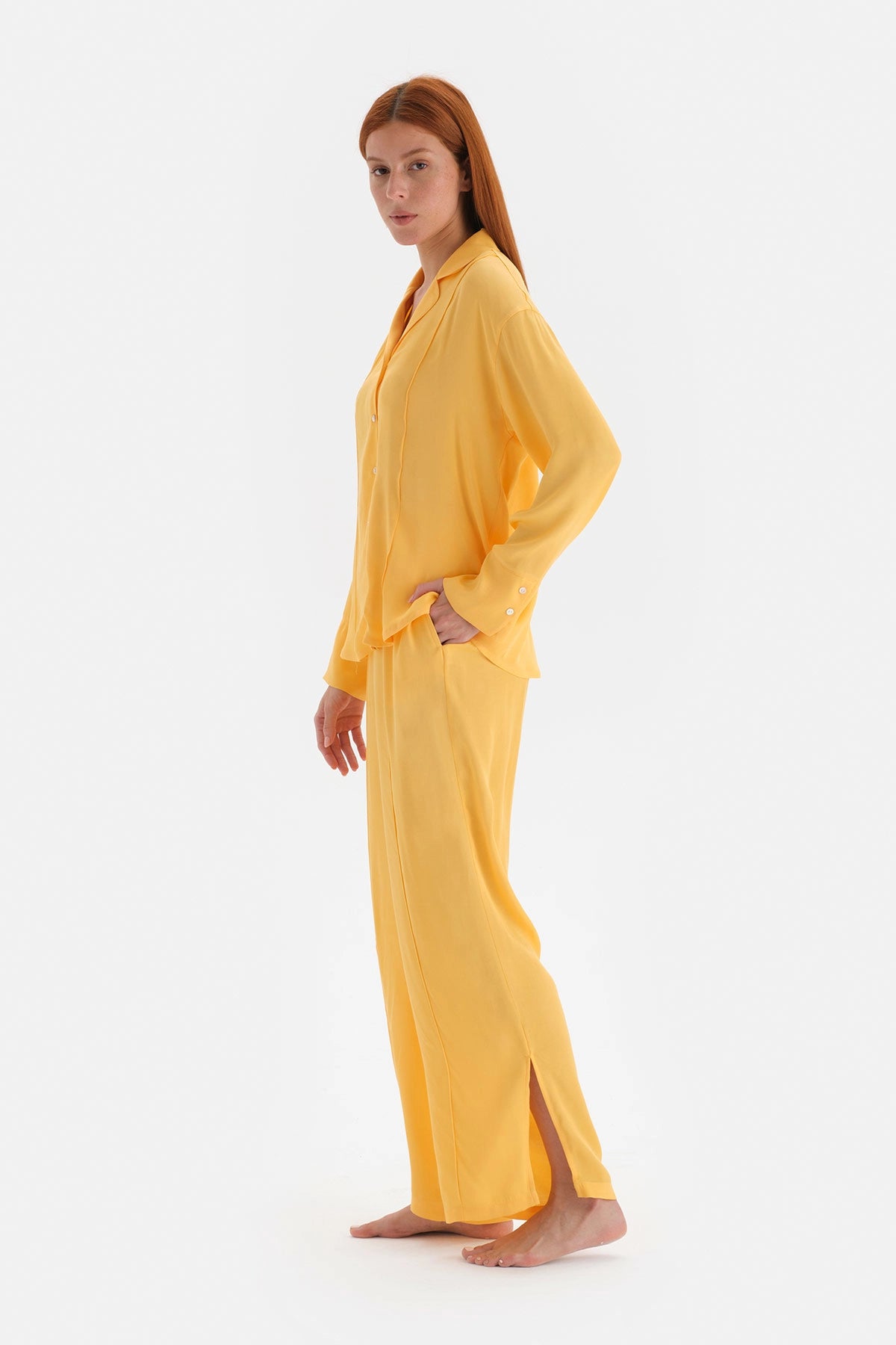 Sarı Uzun Paça Nervürlü Saten Pijama Altı