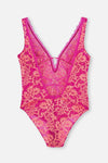 Pembe Şerit Detaylı Dantel Bodysuit