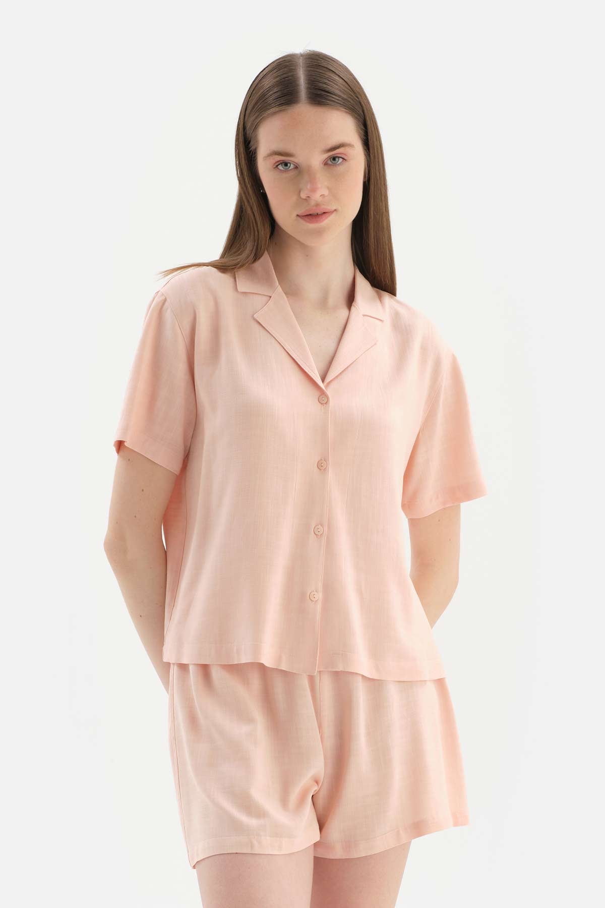 Açık Pembe Kısa Kollu Dokuma Gömlek