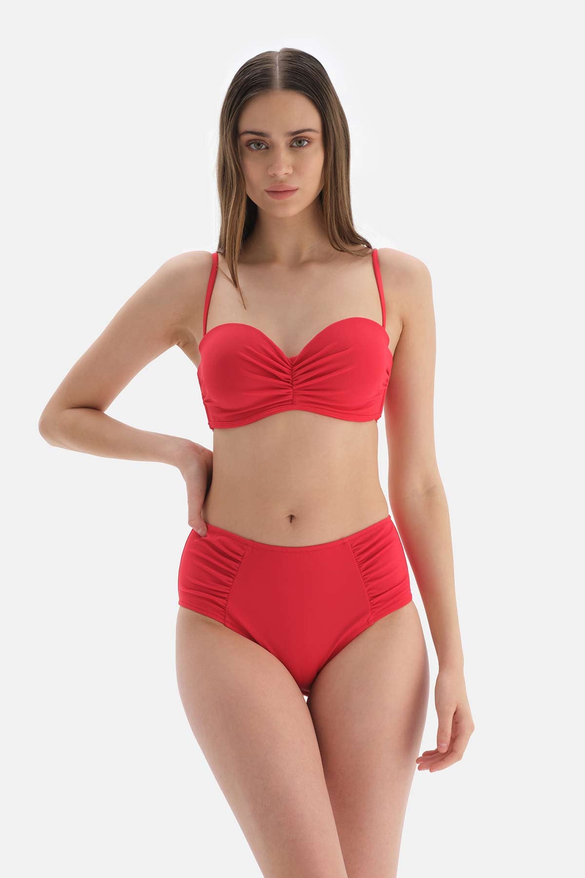Kırmızı Yanı Drapeli Yüksel Bel Bikini Altı