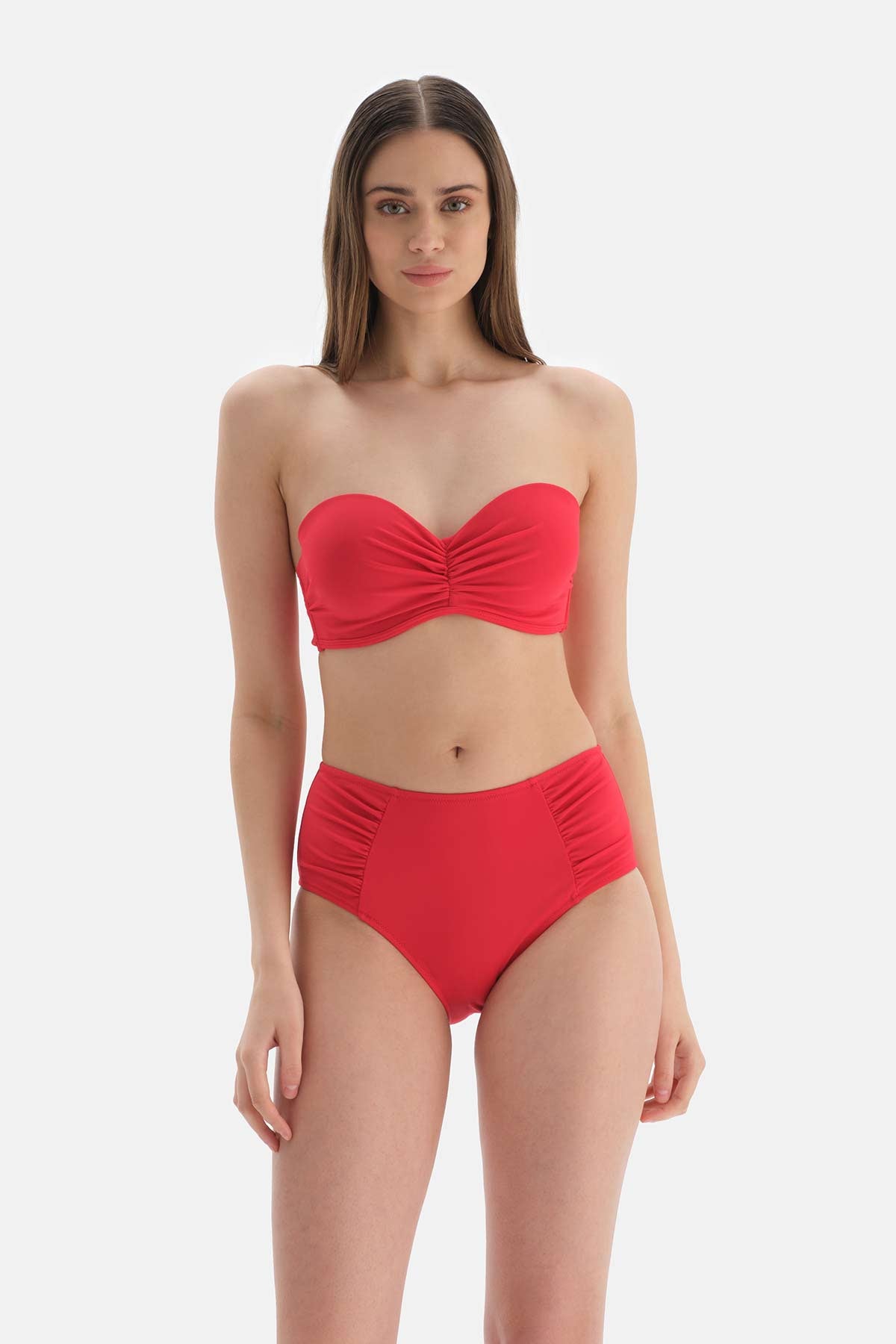 Kırmızı Yanı Drapeli Yüksel Bel Bikini Altı