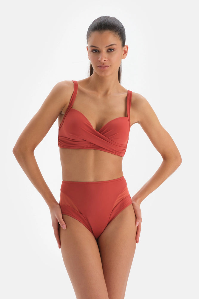 Kiremit Tül Detaylı Yüksek Bel Bikini Altı